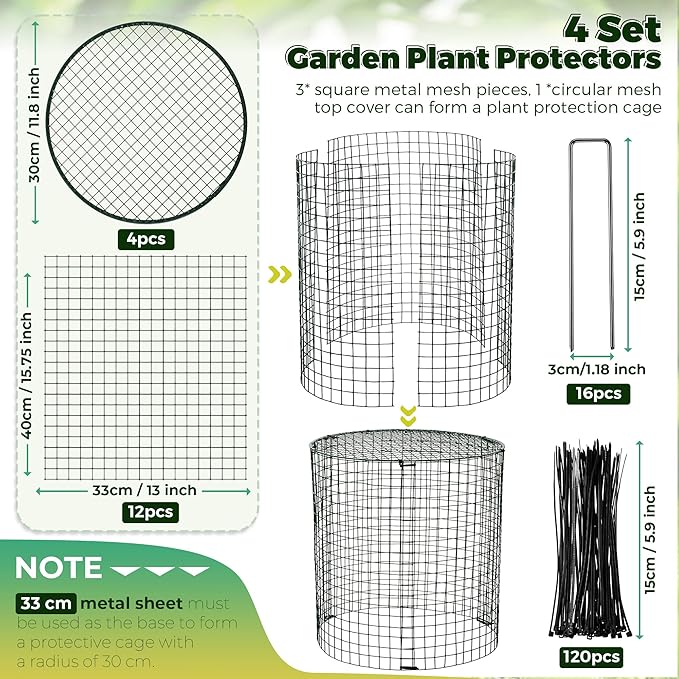 Hiboom 4 Set Garden Plant Protectors from Animals with Stakes, Metal Mesh and Detachable Covers Wire Plant Cage for Keeping Bunny Animals Out, Chicken Wire Cover Garden Protection (15.7x13)