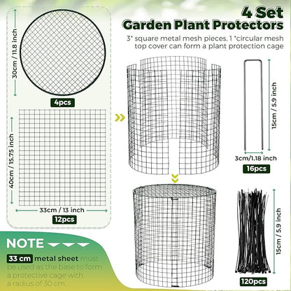 Hiboom 4 Set Garden Plant Protectors from Animals with Stakes, Metal Mesh and Detachable Covers Wire Plant Cage for Keeping Bunny Animals Out, Chicken Wire Cover Garden Protection (15.7x13)
