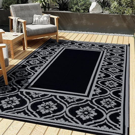 HUGEAR Outdoor Plastic Straw Rug, Waterproof Outdoor Rugs for Patios Clearance, Reversible Area Rug, Large Outside Carpet for Camping, Balcony, RV, Deck, Picnic, Beach (5x8ft Lantern/Black&Grey)
