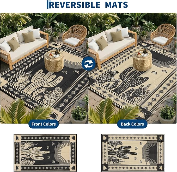 Garvee Waterproof Outdoor Rug 5x8, Cactus Botanical Outdoor Plastic Straw Rug for Camping, Reversible RV Mat Outside, Indoor Outdoor Carpet for Porch, Deck, Backyard, Balcony, Picnic, Black & Brown