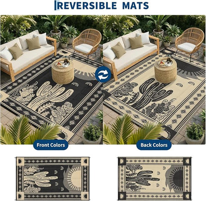 Garvee Waterproof Outdoor Rug 5x8, Cactus Botanical Outdoor Plastic Straw Rug for Camping, Reversible RV Mat Outside, Indoor Outdoor Carpet for Porch, Deck, Backyard, Balcony, Picnic, Black & Brown