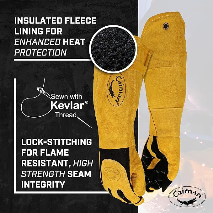 Caiman Premium Split Deerskin MIG/Stick Welding Gloves with Fleece/Foam Insulation, 21-inch length, Split Cowhide Leather Heat Shield Patch, Sock Lined Foam, Kevlar, Black/Gold, X-Large (1878-5)