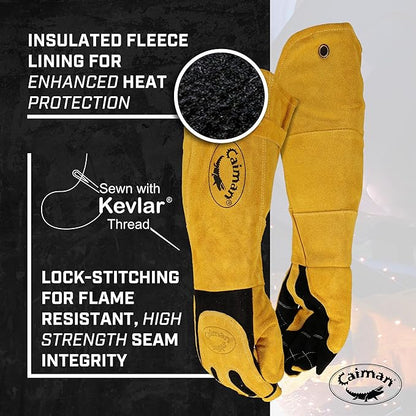 Caiman Premium Split Deerskin MIG/Stick Welding Gloves with Fleece/Foam Insulation, 21-inch length, Split Cowhide Leather Heat Shield Patch, Sock Lined Foam, Kevlar, Black/Gold, X-Large (1878-5)