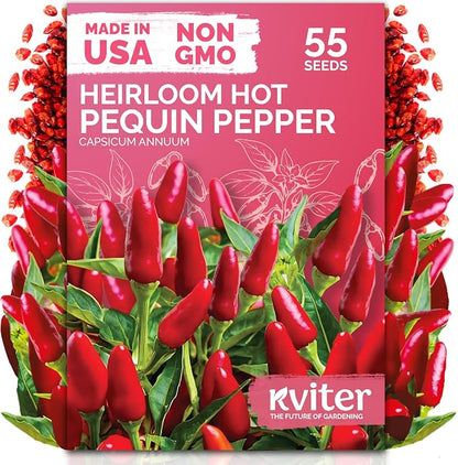 KVITER 55 Hot Pequin Pepper Seeds (Capsicum Annuum) Chile Piquin, Spicy, Heat Tolerant, Heirloom, Non GMO Seed Packets - Annual Vegetable Seeds for Containers, Greenhouses, Vegetable Garden