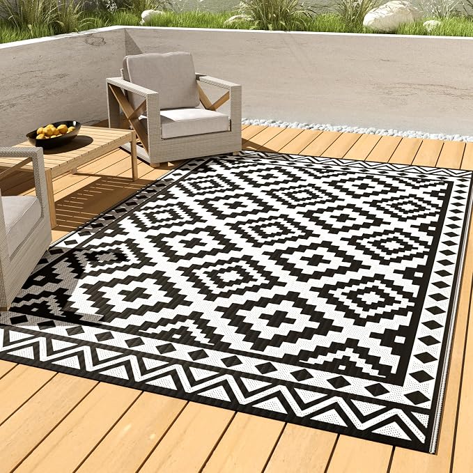 HAUSHOF 5'X8' Outdoor Rug Waterproof, Black&White | Camping, Beach, Deck, Porch, Balcony