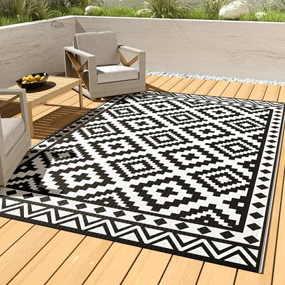 HAUSHOF 5'X8' Outdoor Rug Waterproof, Black&White | Camping, Beach, Deck, Porch, Balcony