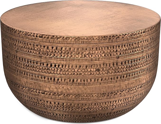 SIMPLIHOME Johnsen Metal Coffee Table - 30 inch Wide Solid Metal Round Drum Accent Table in Antique Copper, Boho Coffee Table for Living Room or Bedroom with Textured Design, Assembled