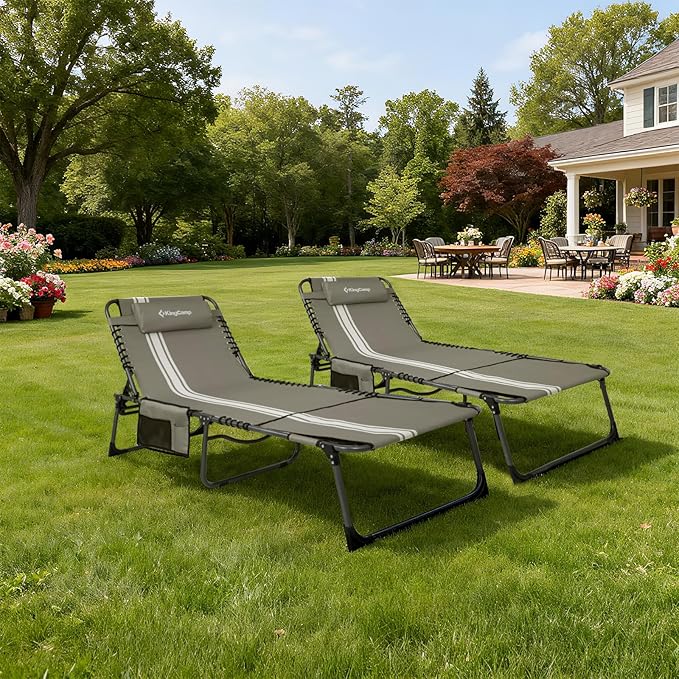 KingCamp Tanning Chair with Face Hole, Lounge Chairs Outdoor Folding Portable Comfy Adjustable 5-Position Lay Flat Foldable Chaise Chaser Lounger for Outside Beach Patio Sun Bathing Pool, Grey/White