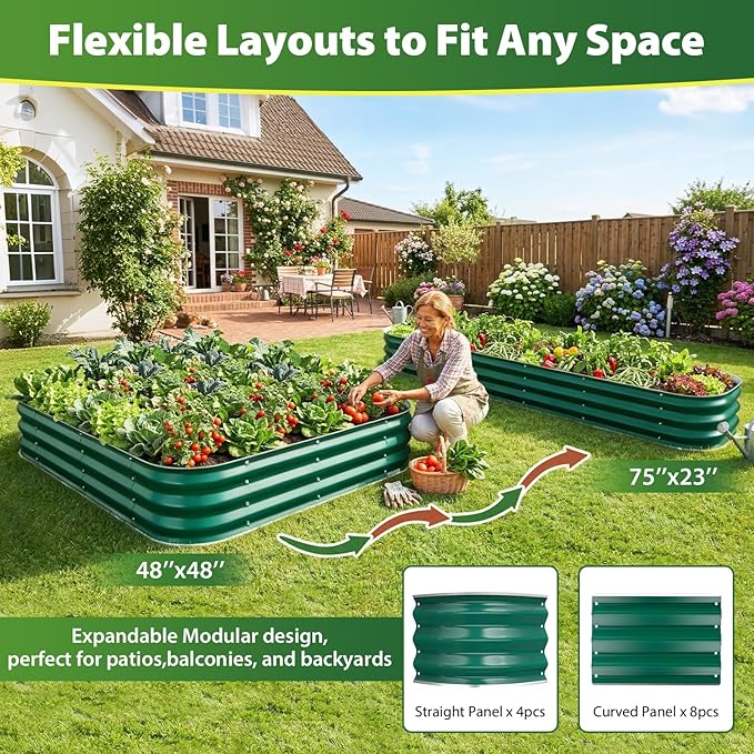 Galvanized Raised Garden Bed, 4x4 ft Heavy Duty Metal Planter Box for Vegetables, Flowers & Herbs, 12" Raised Outdoor Modular Gardening Bed, Above Ground Growing Container, Easy Assembly, Green