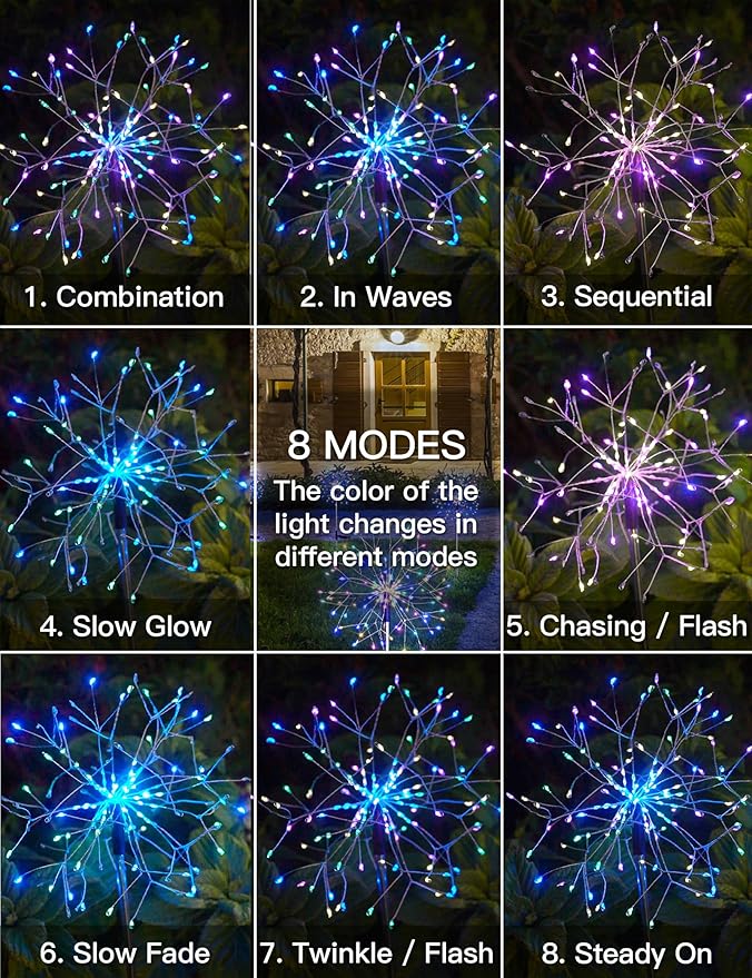 suddus Solar Garden Lights Outdoor Waterproof Decorative, 4Pack 150LED Multicolor Firework Lights 8 Modes, Solar Fairy Lights for Yard, Patio, Pathway, Balcony Planter Flowerbed Party Outside Decor