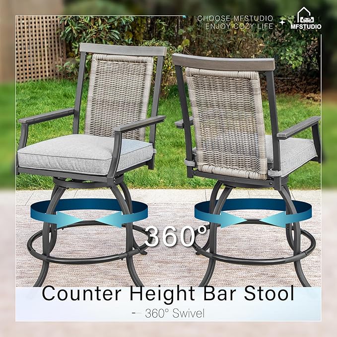MFSTUDIO Outdoor Bar Set of 5 with 4 Swivel Rattan Backrest Metal Patio Bar Stool and 1 Square Metal Table, All Weather Resistant Patio Table and Chair Set