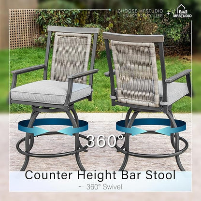 MFSTUDIO Outdoor Bar Set of 5 with 4 Swivel Rattan Backrest Metal Patio Bar Stool and 1 Square Metal Table, All Weather Resistant Patio Table and Chair Set