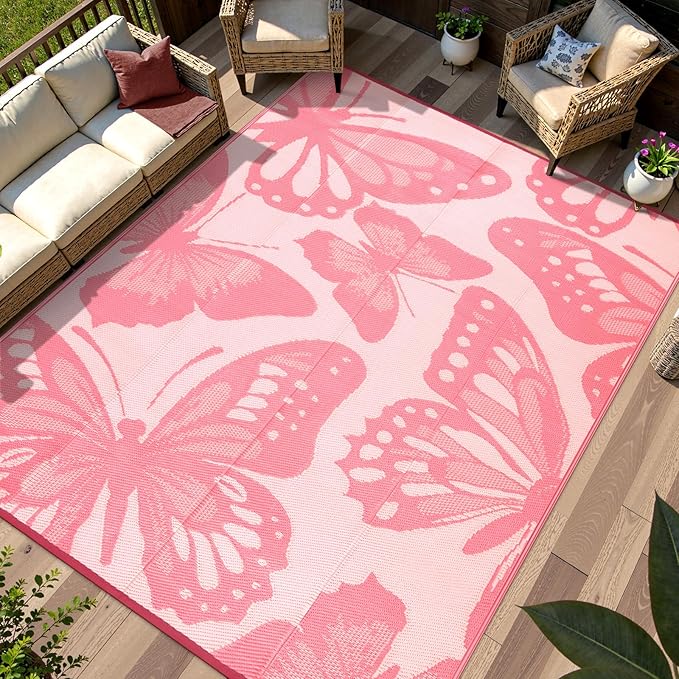 Anidaroel Pink Camping Rug for Outside RV, 8'x10' Waterproof Outdoor Rug for Patio Clearance, Reversible Plastic Straw Outside Rug, Outdoor Camping Mat for Deck, Camper, Backyard, Picnic(Pink,8‘X10')