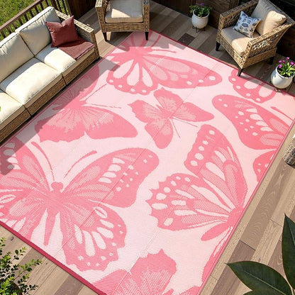 Anidaroel Pink Camping Rug for Outside RV, 8'x10' Waterproof Outdoor Rug for Patio Clearance, Reversible Plastic Straw Outside Rug, Outdoor Camping Mat for Deck, Camper, Backyard, Picnic(Pink,8‘X10')