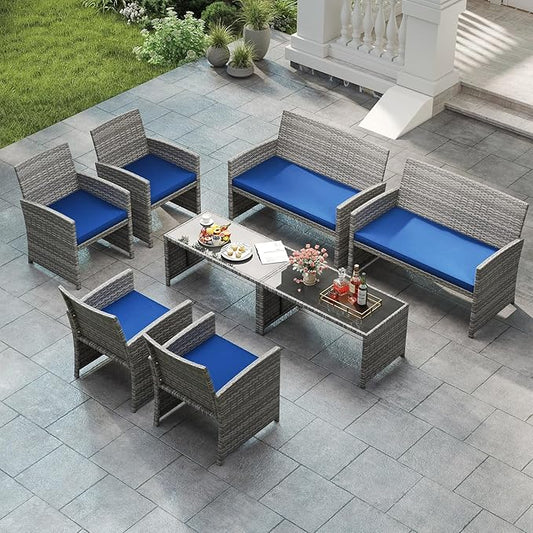 Tangkula 8 Piece Patio Wicker Furniture Set, Outdoor Heavy Duty Rattan Cushioned Chairs, Loveseat and Tempered Glass Coffee Table, for Backyard, Balcony, Poolside