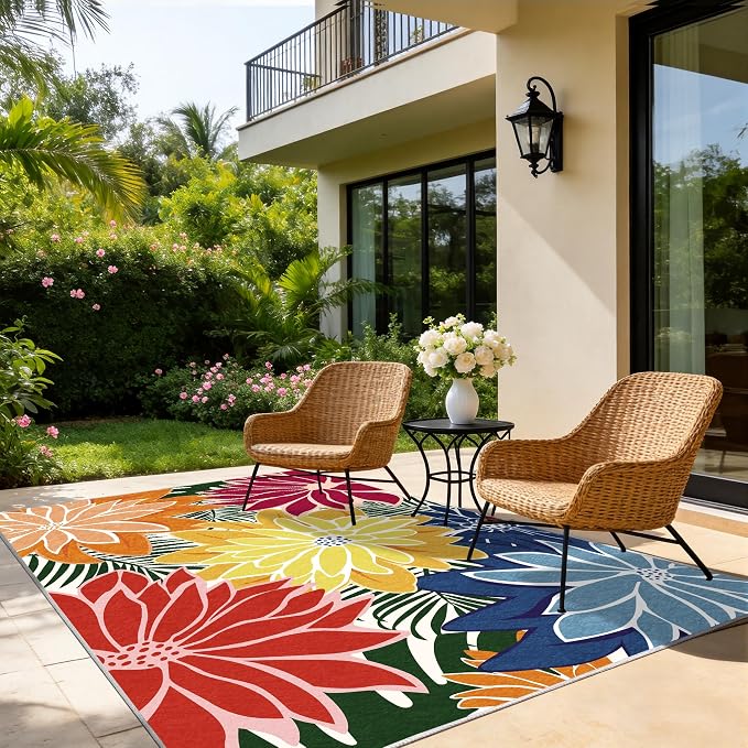 ZonLi Colorful Outdoor Rug 8x10Ft Waterproof Multicolored Indoor Area Rug Washable Outdoor Patio Rugs Tropical Floral Non Slip Outdoor Carpet for Living Room, Pool,Backyard,Deck,Camping
