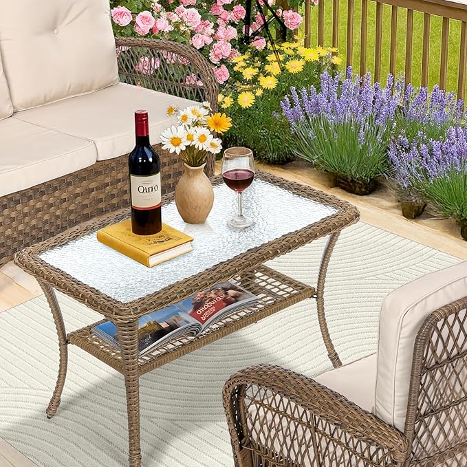 MEETWARM Wicker Patio Coffee Table, 34.5" Rectangle Outdoor Coffee Table with Tempered Glass Top and 2-Tier Storage Shelf, All-Weather Rattan Patio Side Table for Outside Poolside Deck Garden, Brown