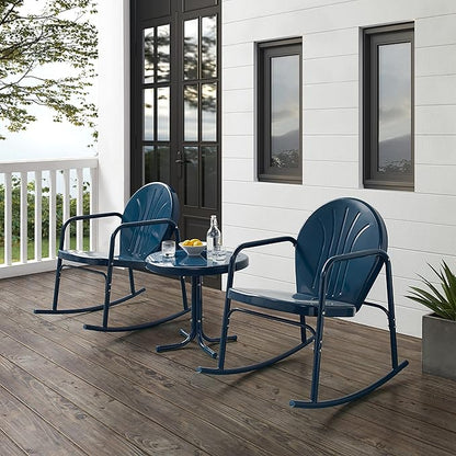 Crosley Furniture Griffith 3-Piece Outdoor Rocking Chair and Side Table Set, Retro Metal Bistro Patio Sets, Navy Gloss