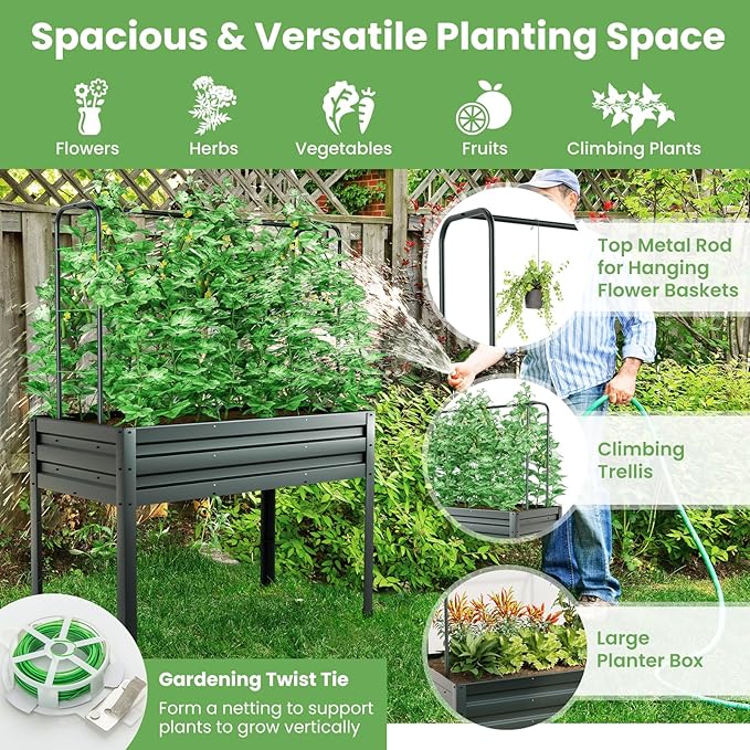Giantex 3-in-1 Raised Garden Bed with Greenhouse Cover & Trellis Rope, Galvanized Metal Elevated Planter Box w/ Legs, Drainage Holes, 46”x23.5”x59” Raised Bed for Flower Herb Vegetable, Easy Assembly