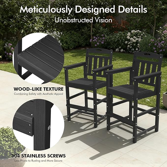 Ciokea Oversized Tall Bar Chair, HDPE Adirondack Outdoor Bar Chair with Footrest, All-Weather Barstool with High Back for Balcony, Bistro, Porch, Deck, Pool, Backyard, Black