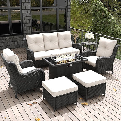 LayinSun 7 Pieces Outdoor Patio Furniture Set with Fire Pit Table, Rattan Wicker Sectional Chairs Sets with Ottomans, Single Chairs and Coffee Table