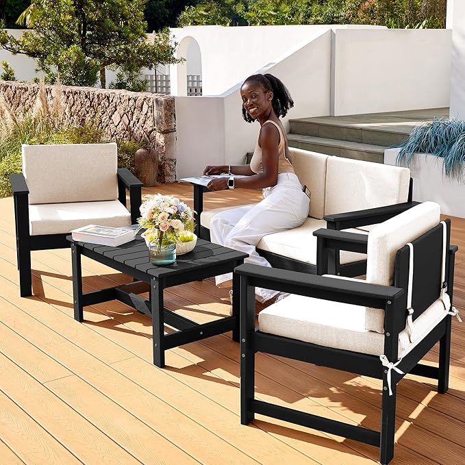 SERWALL 2 Pieces Single Cushioned Sofa Armchair, Black HDPE Adirondack Outdoor Sofa Lounge with Khaki Cushion