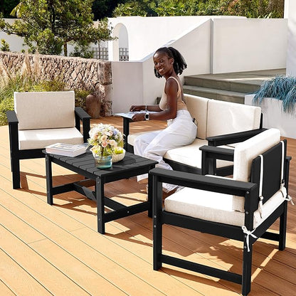 SERWALL 2 Pieces Single Cushioned Sofa Armchair, Black HDPE Adirondack Outdoor Sofa Lounge with Khaki Cushion