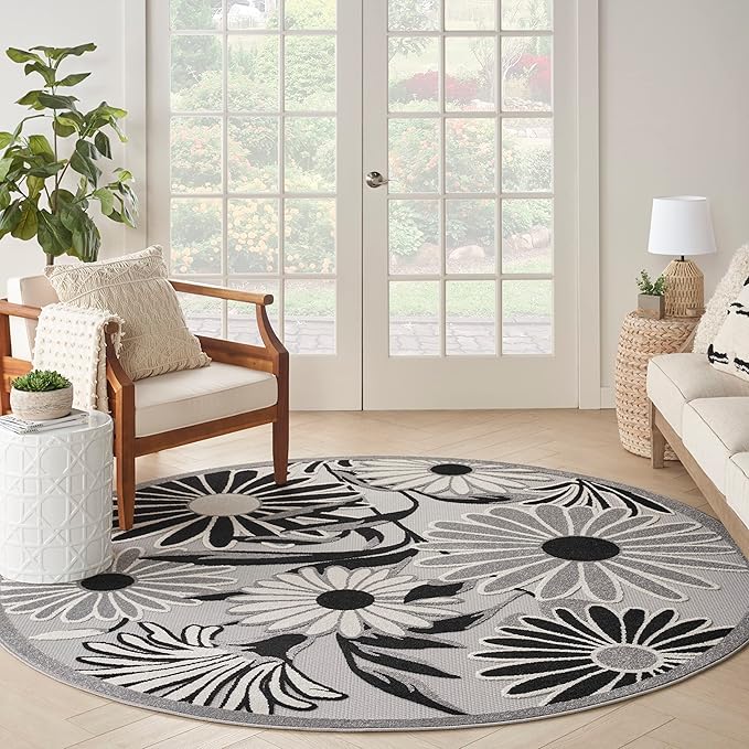 Nourison Home Aloha 8' x Round Black White Fabric Contemporary Area Rug (8' Round)