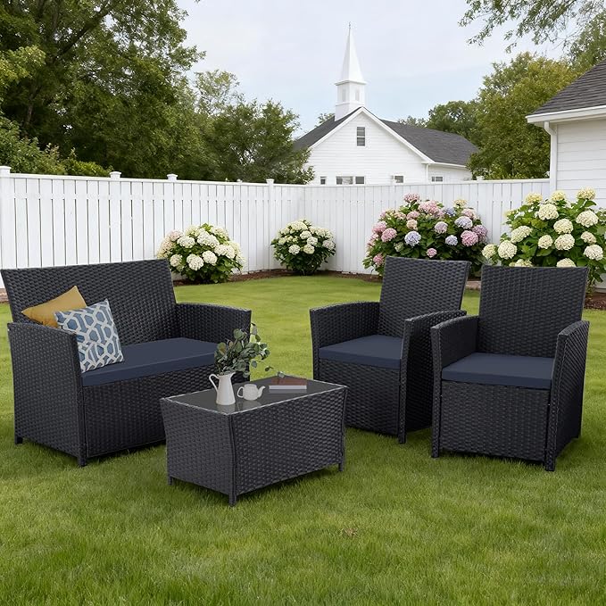 4 Piece Patio Furniture Set, Outdoor Wicker Conversation Set, Rattan Sectional Sofa Couch with Glass Coffee Table & Thick Cushion for Backyard, Porch, Garden, Poolside, Black/Blue