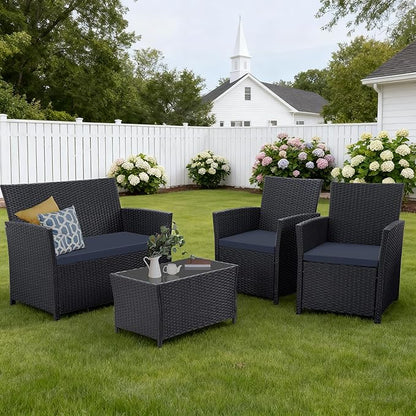 4 Piece Patio Furniture Set, Outdoor Wicker Conversation Set, Rattan Sectional Sofa Couch with Glass Coffee Table & Thick Cushion for Backyard, Porch, Garden, Poolside, Black/Blue
