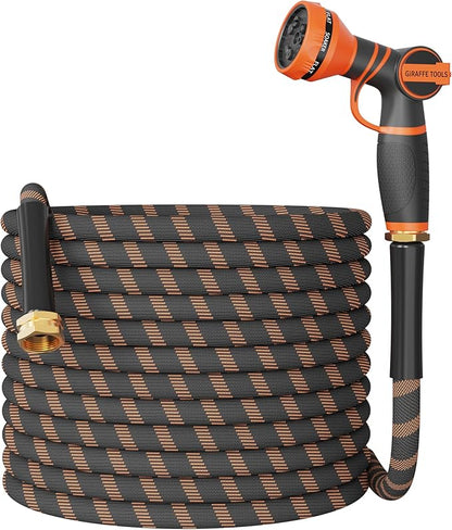 Giraffe Tools Non-Expandable Garden Hose 75FT 1/2” Lightweight Flexible Water Hoses Burst 600 psi with 9 Spray Function Nozzle Heavy Duty Hose