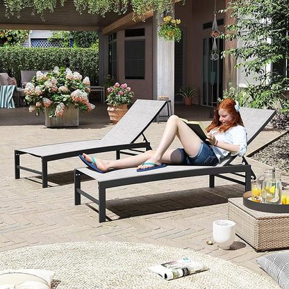 Crestlive Products Pool Lounge Chair Outdoor Set of 2, Aluminum Chaise Lounge Chairs, Adjustable Five-Position Tanning Recliner, All Weather for Patio, Beach, Yard, Pool (Grey Black)