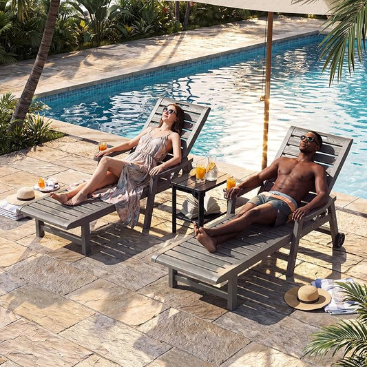 Patio Lounge Chairs Set of 2, Outdoor Chaise Lounge with Cup Holder | 5-Position Reclining, Easy-Glide Lockable Wheels, Built-In Cup Holder with Armrests, Patio Garden, Beach Pool-Side, Rust-Free