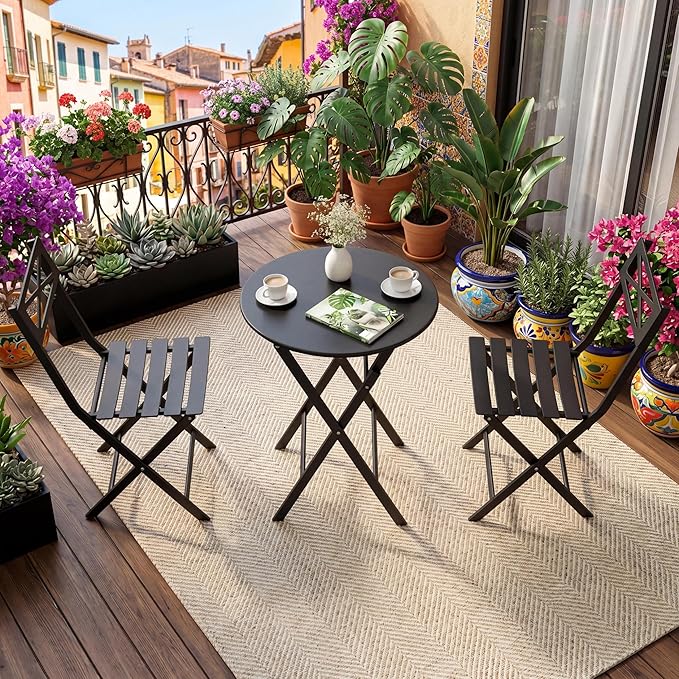 GarveeTech 3-Piece Folding Bistro Set, Heavy Duty Outdoor Patio Furniture with 2 Chairs & 1 Table, Weather-Resistant Steel Frame, No Assembly Required for Garden, Yard, Balcony,Black