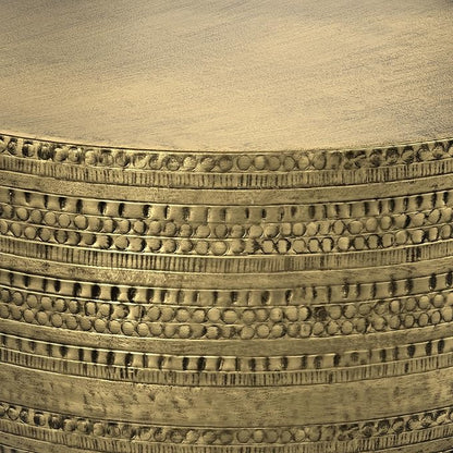 SIMPLIHOME Johnsen Metal Coffee Table - 30 inch Wide Solid Metal Round Drum Accent Table in Antique Gold, Boho Coffee Table for Living Room or Bedroom with Decorative Textured Design, Assembled