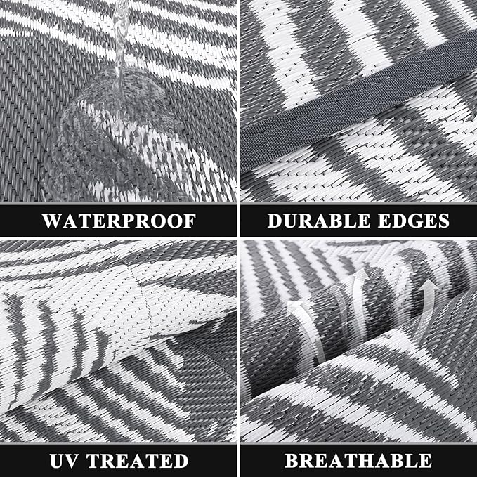 Pauwer Waterproof Outdoor Rug 8x10, Reversible Plastic Straw Patio Camping Rug, Indoor Outdoor RV Mat Carpet for Deck, Camper, Porch, Balcony, Backyard, Picnic, Leaf Grey