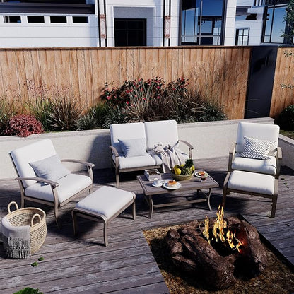 HAPPATIO 6 Piece Aluminum Patio Furniture Set, Outdoor Armchairs with Ottomans and Loveseat, Outdoor Sectional Sofa with Comfortable Cushions and Coffee Table(Gray)