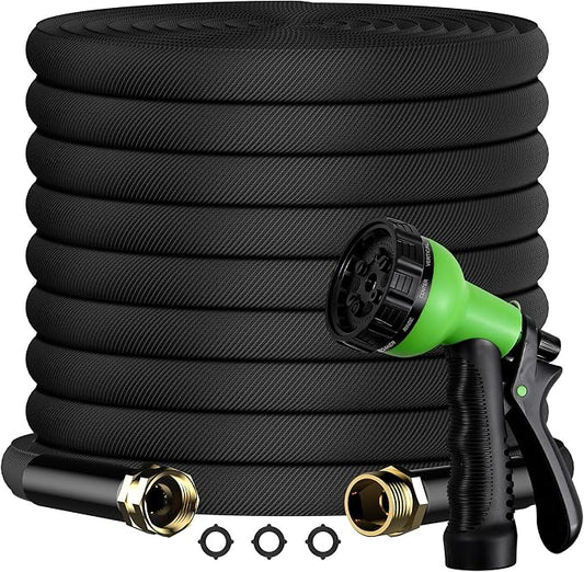 100FT Lightweight Flat Garden Hose for Women & Seniors, Non-Expandable Water Hose with 10-Pattern Spray Nozzle, Easy Storage No-Kink Hose for RV, Patio, Small Backyard, Car Wash & Everyday Watering