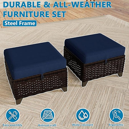 VistaVibe 2 Pieces Patio Wicker Ottomans, Luxurious Footstools, Outdoor Small Footrest, Wicker Furniture with Removable Cushions,All-Weather PE Rattan, Garden, Backyard, Porch(Brown/Navy)