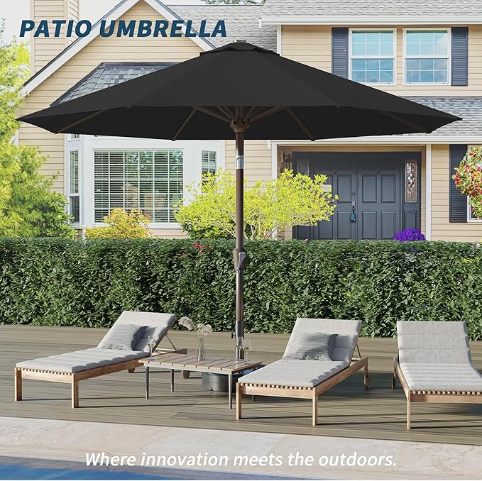 PatioKingdom 10FT Patio Umbrella with Push Button Tilt and Crank, Outdoor Market Umbrella with 8 Fiberglass Ribs, UV Protection Table Umbrella for Pool,Backyard,Garden,Deck(Black, 10FT)