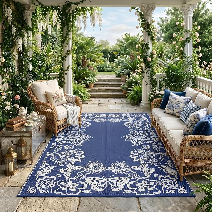 Garvee 5’x8’ Waterproof Patio Outdoor Rug, Outdoor Plastic Straw Rug for Camping, RV Mat Outside, Indoor Outdoor Carpet for Porch, Deck, Backyard, Balcony, Picnic, Navy & White