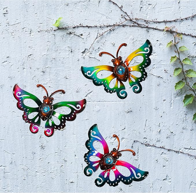 Garden Decor Clearance Metal Butterfly Wall decor 3D Wall Art Hanging Sculpture for Patio Fence, Set of 3, 9 inch, Indoor Outdoor Gift for Family