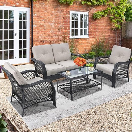 HAPPYGRILL 4 Pieces Patio Conversation Set Outdoor Rattan Sofa Set with Cushions and Coffee Table with Storage Shelf, Rattan Wicker Patio Furniture Set for Backyard Garden Poolside