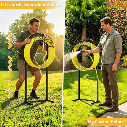 Garden Hose Holder with Pattern Heavy Duty Freestanding Holds 150ft | Auto-Grade Coat, Wide Base: No-tip yard stand. Drill-free: grass/decks. Tool-free twist, top tray for nozzles.