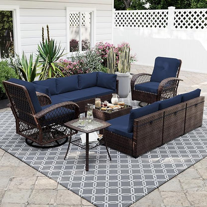 UPHA 10 Pieces Patio Furniture Sets Outdoor Sectional Sofa Wicker Conversation Couch with Bistro Swivel Chair for Decks, Backyards, Gardens, Brown Rattan, Navybule Cushion