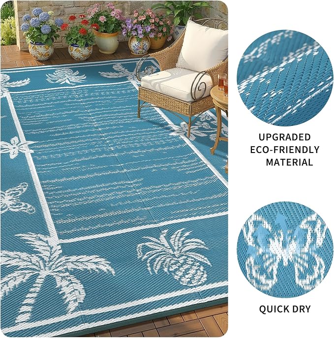 Garvee Outdoor Rug 8x10 Waterproof for Patios, Reversible Plastic Straw Rug, Tropical Leaf Indoor Outdoor Rugs, Large Area Rug for RV, Camping, Deck, Picnic Mat, Outside Carpet, Blue/White