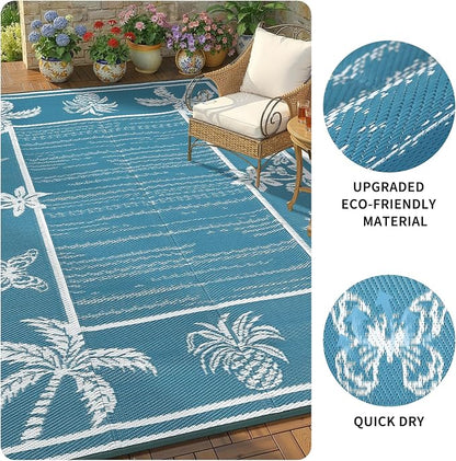 Garvee Outdoor Rug 9x12 Waterproof for Patios, Reversible Plastic Straw Rug, Tropical Leaf Indoor Outdoor Rugs, Large Area Rug for RV, Camping, Deck, Picnic Mat, Outside Carpet