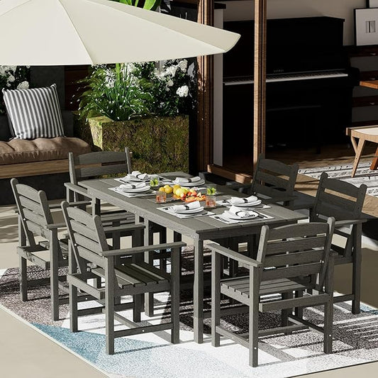Anbuy Patio HDPE Dining Table Set, 7-Piece Outdoor Dining Table Sets, 2 in 1 Convertible Table and 6 Outdoor Chairs Outdoor All-Weather Furniture Set Gray