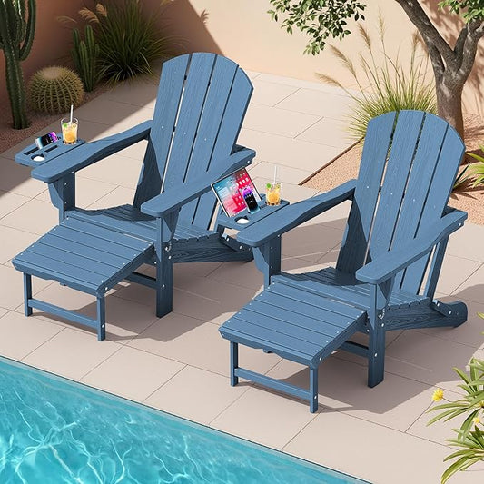 KINGYES Adjustable Folding Adirondack Chair with Footrest & 4-in-1 Multi-Functional Armrest Organizer, HDPE Foldable Reclining Adirondack Chair with Pull-Out Ottoman, Blue