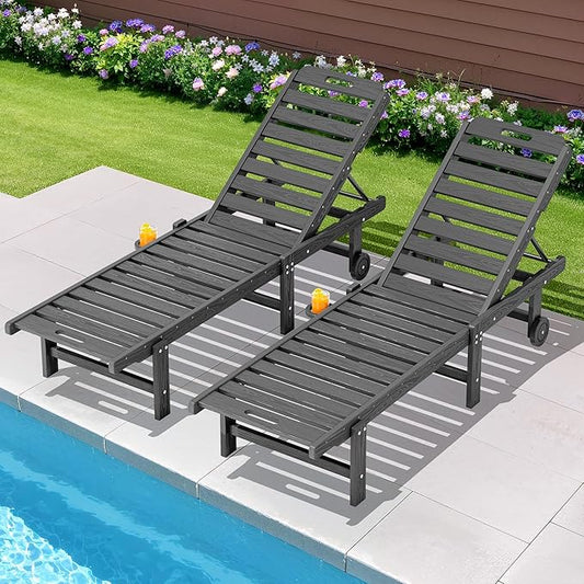 SERWALL Patio Lounge Chairs Set of 2, HDPE Outdoor Chaise Lounge with Cup Holder, 5 Positions Adjustable Pool Lounge Chair with Rolling Wheels for Poolside, Deck, Sunbathing, Grey